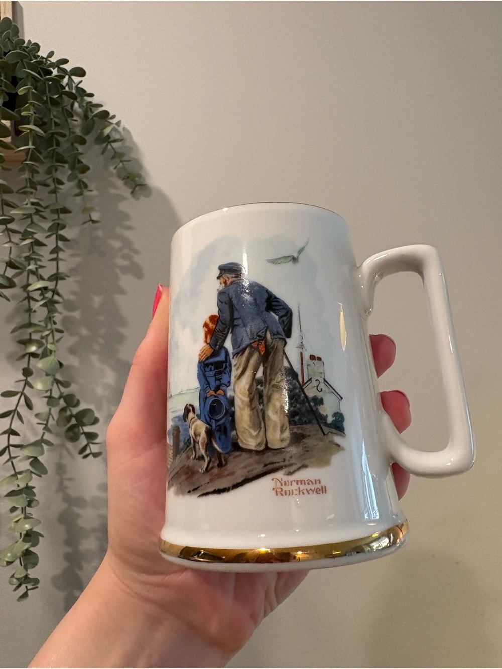 Norman Rockwell White Mug with Gold Trim and Nautical Illustration